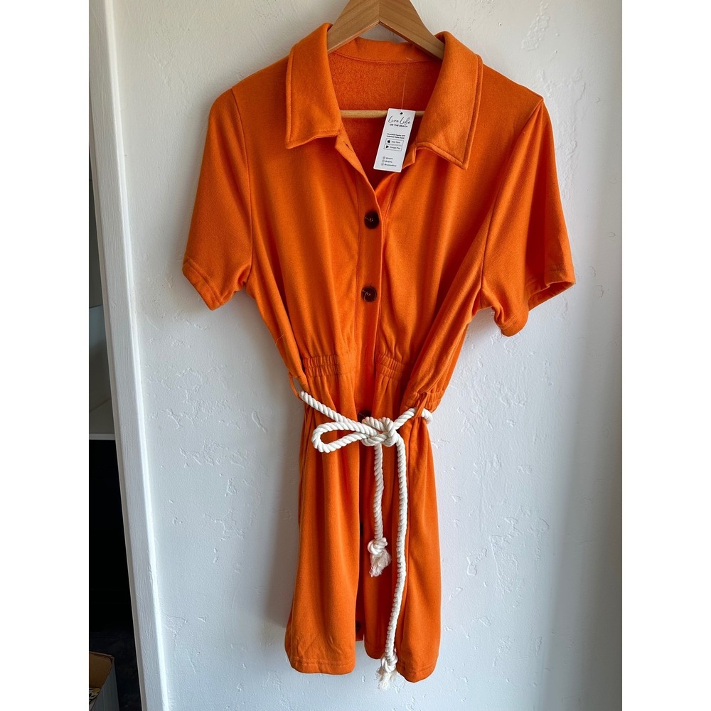 Cupshe Womens Orange Terry Cloth Button Down Shirt Dress Size Large Rope Belt